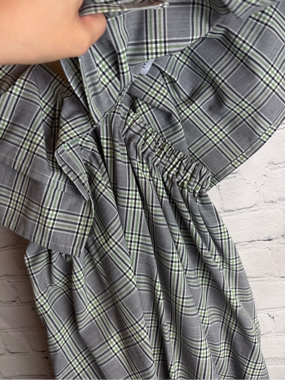 Mecla One-Shoulder Plaid Midi Dress in Green and Gray Medium - Picture 7 of 13
